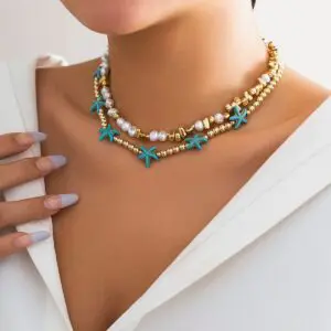 Trendy Layered Irregular Stone Pearl Starfish Ball Chain Necklace Set - ArtGalleryZen