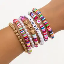 Trendy Layered Polymer Clay Star Love Pearl Chain Stackable Bracelet Set - ArtGalleryZen