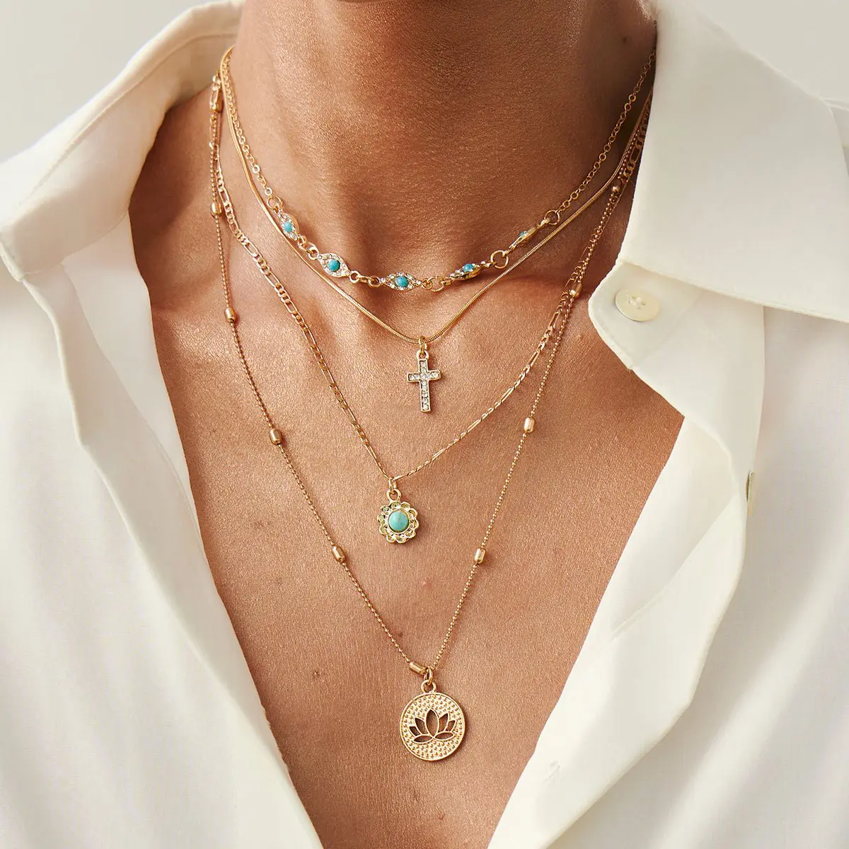 Trendy Layered Turquoise Inlaid Lotus Round Disk Cross Pendant Necklace Set - ArtGalleryZen