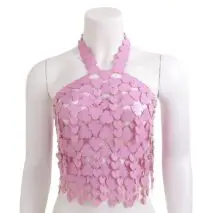 Trendy Pink Lingerie Halter Top Backless Glitter Heart Sequins Bra - ArtGalleryZen