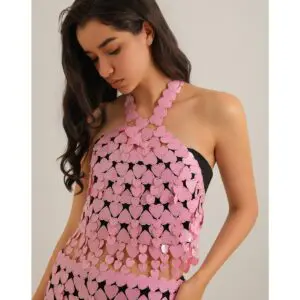 Trendy Pink Lingerie Halter Top Backless Glitter Heart Sequins Bra - ArtGalleryZen