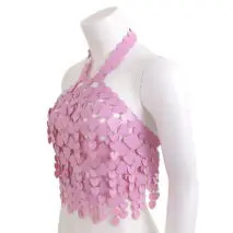 Trendy Pink Lingerie Halter Top Backless Glitter Heart Sequins Bra - ArtGalleryZen