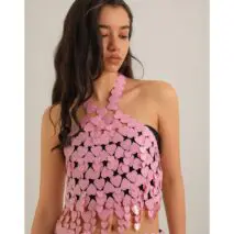 Trendy Pink Lingerie Halter Top Backless Glitter Heart Sequins Bra - ArtGalleryZen