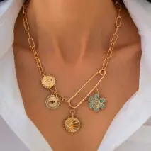 Trendy Rhinestone Inlaid Flower Sun Relief Disk Charm Paperclip Necklace - ArtGalleryZen
