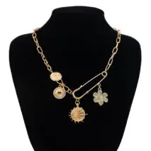 Trendy Rhinestone Inlaid Flower Sun Relief Disk Charm Paperclip Necklace - ArtGalleryZen