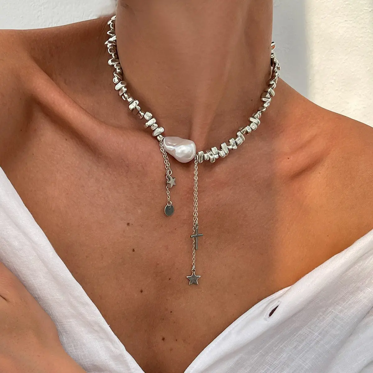 Trendy Silver Tone Star Cross Tassel Pearl Charm Necklace - ArtGalleryZen