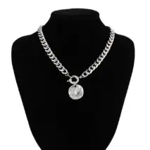 Trendy Textured Round Disk Pendant Chunky Curb Chain Necklace - ArtGalleryZen