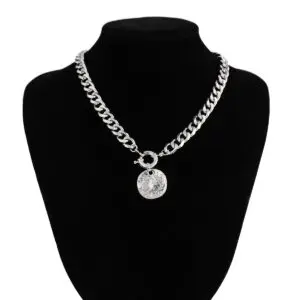 Trendy Textured Round Disk Pendant Chunky Curb Chain Necklace - ArtGalleryZen