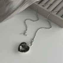 Trendy Toggle Clasp Rhinestone Heart Pendant Long Chain Necklace - ArtGalleryZen