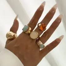 Vintage Chunky Crystal Inlaid Textured Open Ring Set - ArtGalleryZen