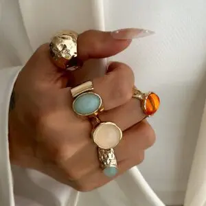 Vintage Chunky Crystal Inlaid Textured Open Ring Set - ArtGalleryZen