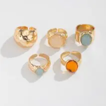 Vintage Chunky Crystal Inlaid Textured Open Ring Set - ArtGalleryZen