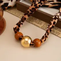Wooden Beads Leopard Print Velvet Choker Necklace Retro Charm - ArtGalleryZen