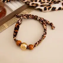 Wooden Beads Leopard Print Velvet Choker Necklace Retro Charm - ArtGalleryZen