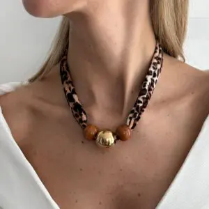 Wooden Beads Leopard Print Velvet Choker Necklace Retro Charm - ArtGalleryZen
