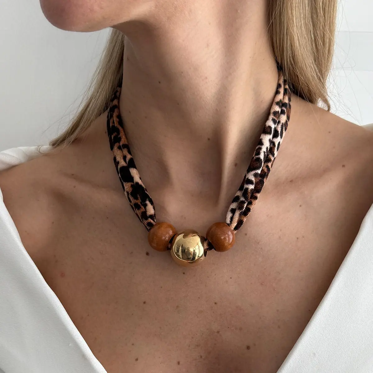 Wooden Beads Leopard Print Velvet Choker Necklace Retro Charm - ArtGalleryZen