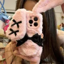 Y2K Bowknot Pink Bunny Plush iPhone Case - ArtGalleryZen