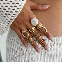 10 Pcs Irregular Pearl Waterdrop Textured Open Ring Set - ArtGalleryZen