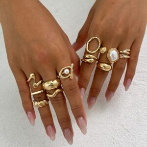 11 Pcs Barqoue Pearl Inlaid Waterdrop Hoop Ring Set - ArtGalleryZen