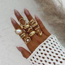 11 Pcs Barqoue Pearl Inlaid Waterdrop Hoop Ring Set - ArtGalleryZen