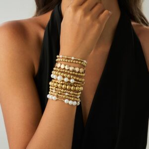 12 Pcs Minimalist Gold Silver Tone Pearl Beaded Chain Bracelet Set - ArtGalleryZen