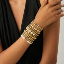 12 Pcs Minimalist Gold Silver Tone Pearl Beaded Chain Bracelet Set - ArtGalleryZen