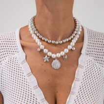 2 Pcs Conch Shell Starfish Pendant Pearl Chain Necklace Set - ArtGalleryZen