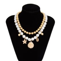 2 Pcs Conch Shell Starfish Pendant Pearl Chain Necklace Set - ArtGalleryZen