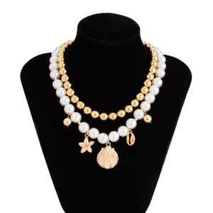 2 Pcs Conch Shell Starfish Pendant Pearl Chain Necklace Set - ArtGalleryZen