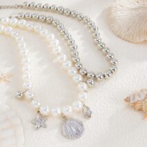 2 Pcs Conch Shell Starfish Pendant Pearl Chain Necklace Set - ArtGalleryZen