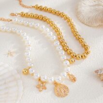 2 Pcs Conch Shell Starfish Pendant Pearl Chain Necklace Set - ArtGalleryZen