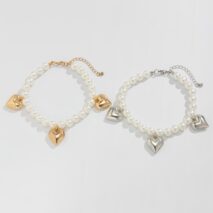 2 Pcs Heart Charm Pearl Chain Anklet Set - ArtGalleryZen