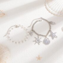 2 Pcs Shell Conch Starfish Charm Pearl Chain Anklet Set - ArtGalleryZen