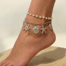 2 Pcs Shell Conch Starfish Charm Pearl Chain Anklet Set - ArtGalleryZen