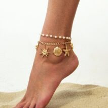 2 Pcs Shell Conch Starfish Charm Pearl Chain Anklet Set - ArtGalleryZen