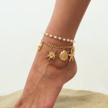 2 Pcs Shell Conch Starfish Charm Pearl Chain Anklet Set - ArtGalleryZen