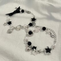 2 Pcs Strawberry Heart Letter Charm Pearl Star Chain Bracelet Set - ArtGalleryZen