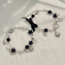 2 Pcs Strawberry Heart Letter Charm Pearl Star Chain Bracelet Set - ArtGalleryZen