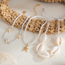 3 Pcs Beach Style Conch Starfish Charm Seed Bead Anklet Set - ArtGalleryZen