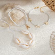 3 Pcs Beach Style Conch Starfish Charm Seed Bead Anklet Set - ArtGalleryZen