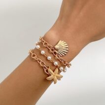 3 Pcs Boho Starfish Shell Charm Pearl Chain Bracelet Set - ArtGalleryZen