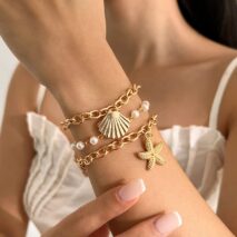 3 Pcs Boho Starfish Shell Charm Pearl Chain Bracelet Set - ArtGalleryZen