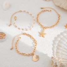 3 Pcs Boho Starfish Shell Charm Pearl Chain Bracelet Set - ArtGalleryZen