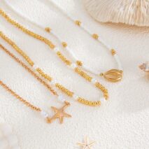 3 Pcs Conch Starfish Charm Pearl Seed Beaded Chain Necklace Set - ArtGalleryZen