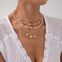3 Pcs Conch Starfish Charm Pearl Seed Beaded Chain Necklace Set - ArtGalleryZen