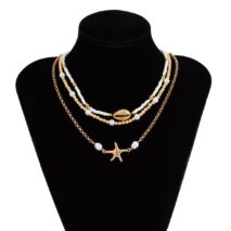 3 Pcs Conch Starfish Charm Pearl Seed Beaded Chain Necklace Set - ArtGalleryZen