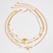 3 Pcs Conch Starfish Charm Pearl Seed Beaded Chain Necklace Set - ArtGalleryZen