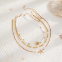3 Pcs Conch Starfish Charm Pearl Seed Beaded Chain Necklace Set - ArtGalleryZen