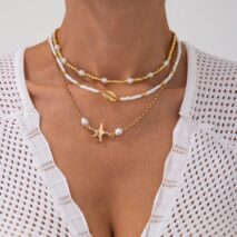 3 Pcs Conch Starfish Charm Pearl Seed Beaded Chain Necklace Set - ArtGalleryZen