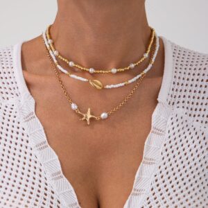 3 Pcs Conch Starfish Charm Pearl Seed Beaded Chain Necklace Set - ArtGalleryZen